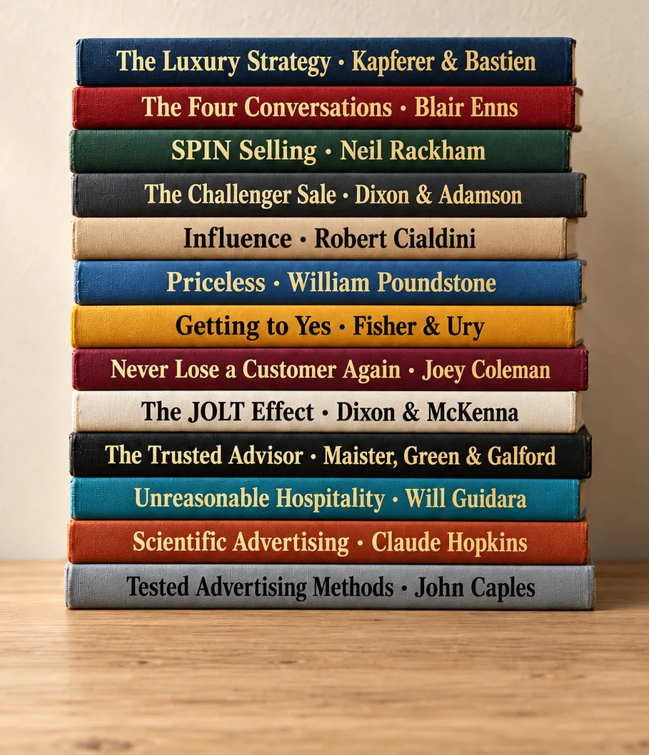A stack of the books Inquiry Desk draws from, from The Luxury Strategy to Tested Advertising Methods